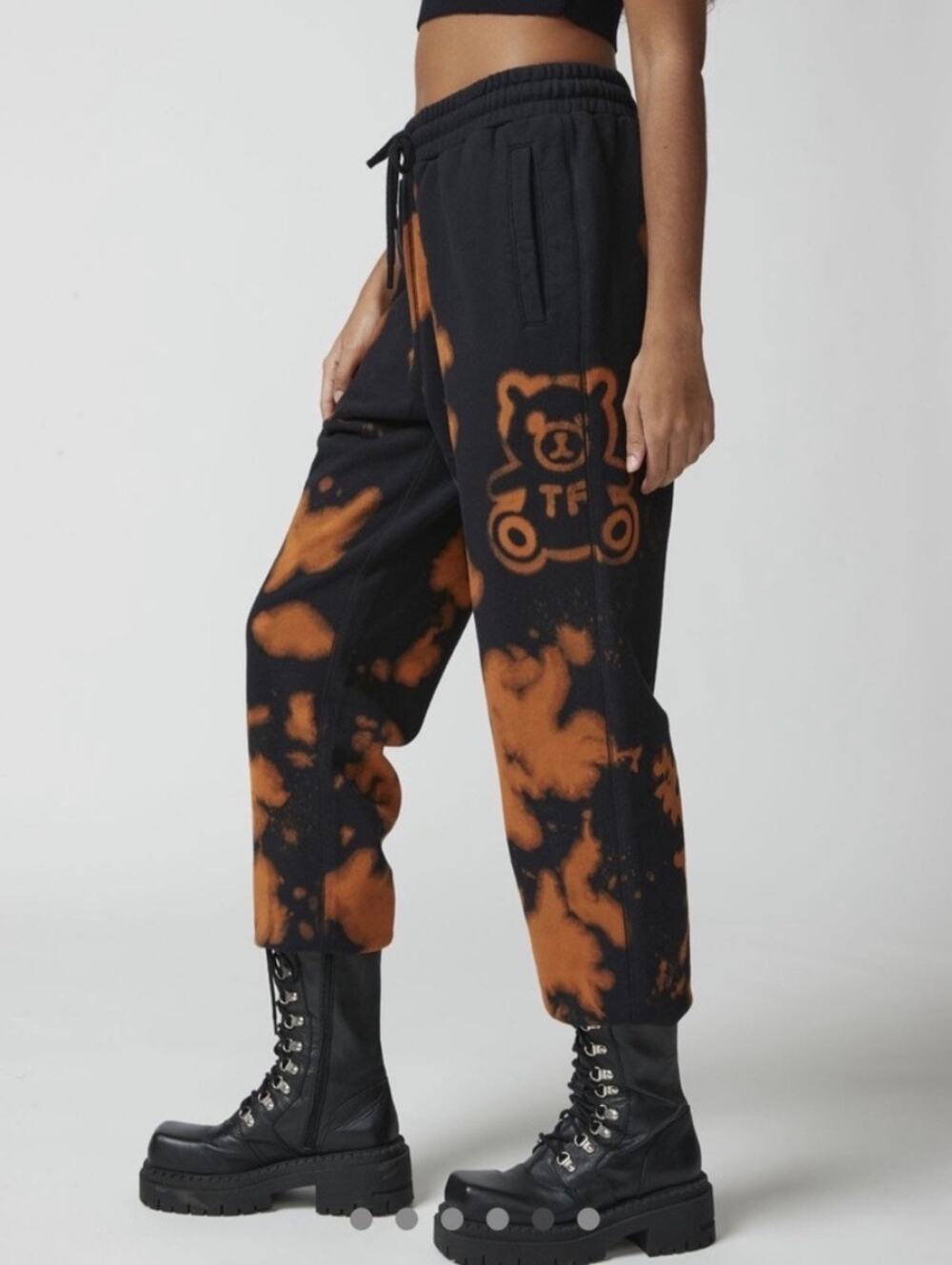 Teddy Fresh Bleach Dye Teddy Bear Jogger Sweatpants Black Orange Size S Grunge